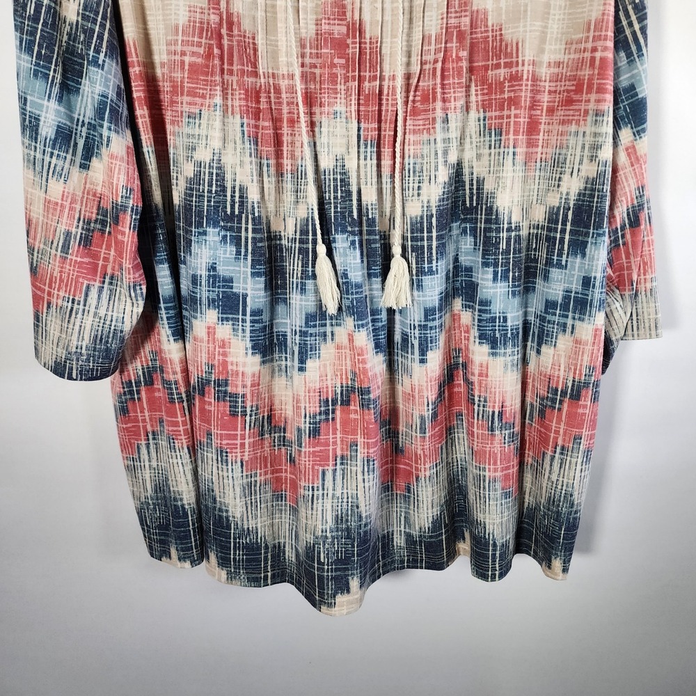 Catherines 3X Tunic Top Ikat Chevron Blue Coral Linen Blend Tassel V-Neck 3/4 Sl - Picture 5 of 9